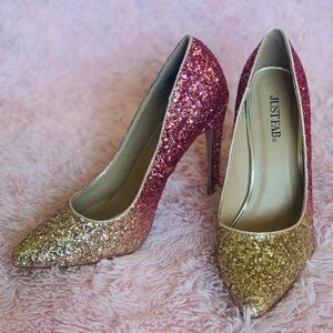 SOLD! JustFab Pink and Gold Glitter Heels